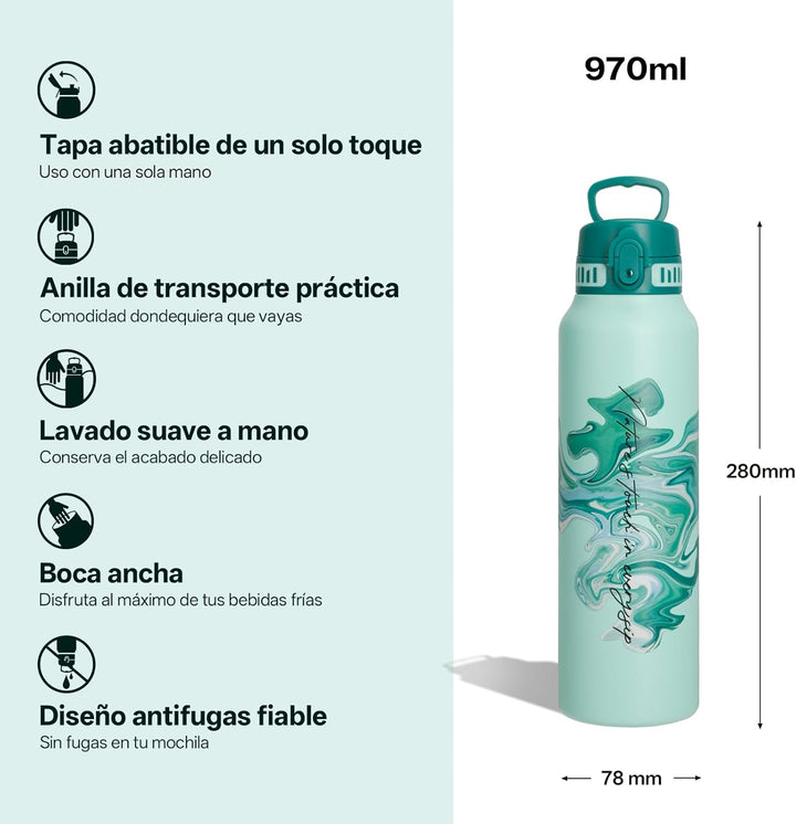 UZSPACE Edelstahl Trinkflasche 1l (970ml), Isolierte Thermosflasche mit 1-Klick-Öffnung, 100% Auslau