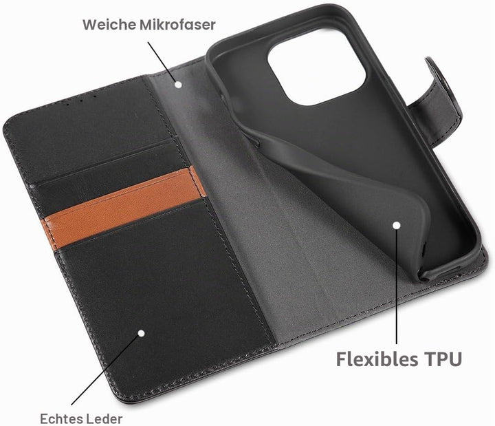 LENSUN Echtleder Hülle für iPhone 15 Pro, Handyhülle [Echtes Leder][Magnetverschluss][RFID Schutz] H