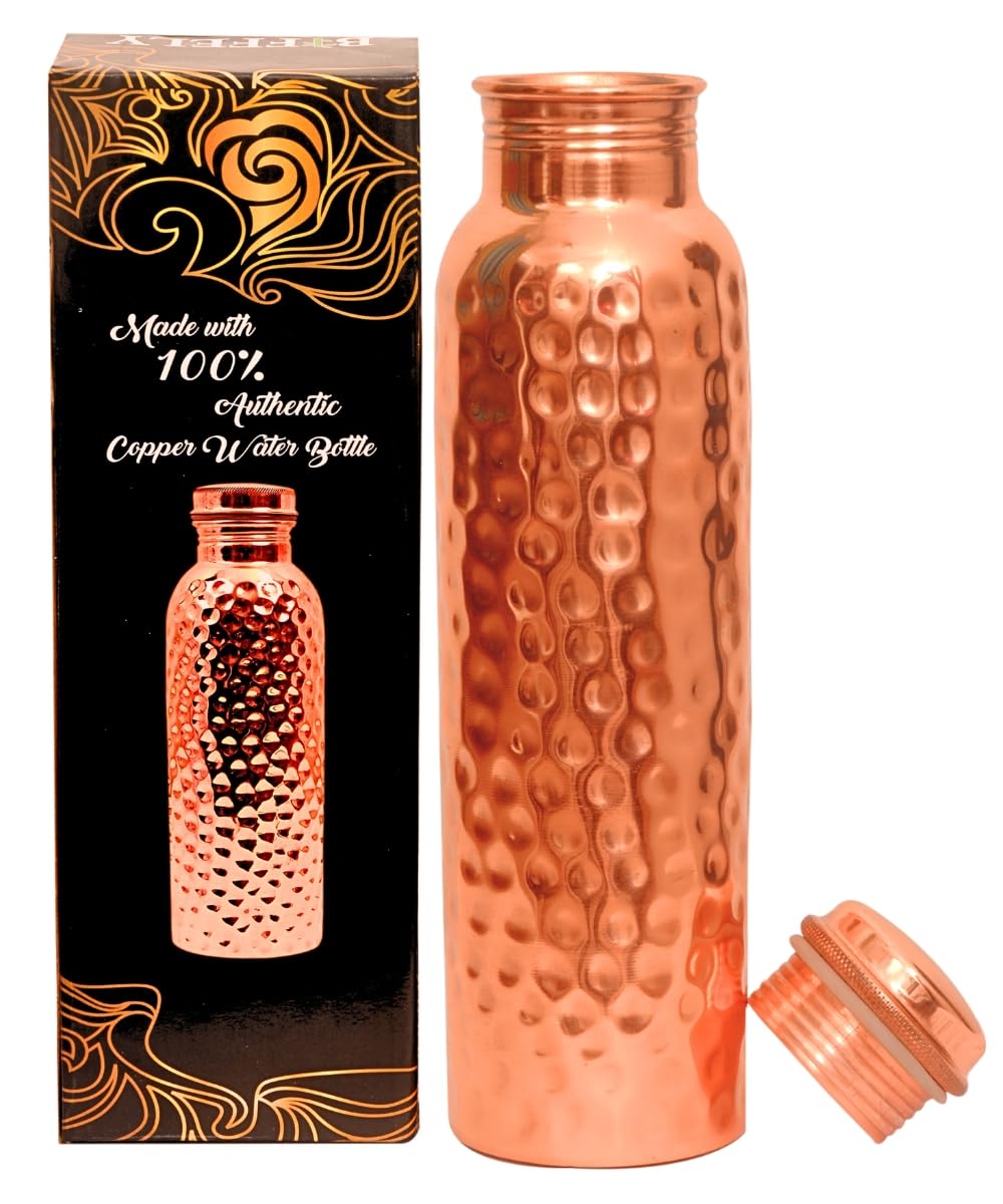 Kupfer-Wasserflasche, handgefertigt, ayurvedisch, 100% reines Kupfer, für Damen und Herren, auslaufs