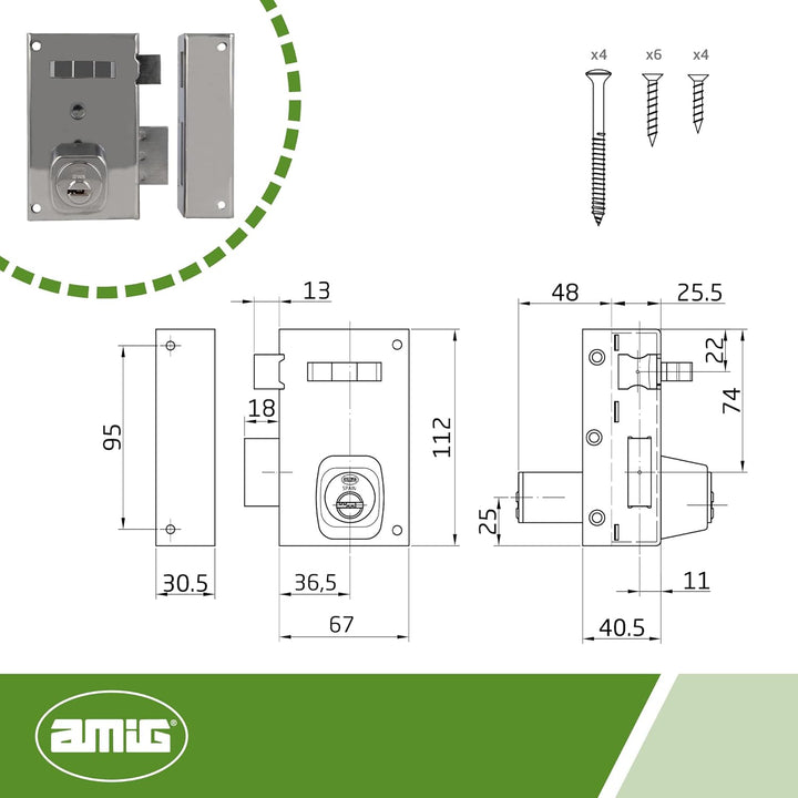 Amig - Aufschraubschloss DIN rechts mit Schliesshebel, Falle und Ziehgriff für Holztüren Mod. 75-67