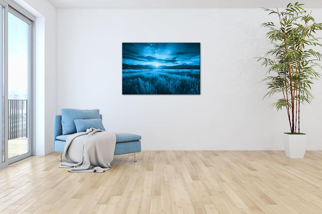 deyoli Bunter Sonnenuntergang Format 80x60 Effekt: Monocrome Blau als Leinwandbild, Motiv fertig ger