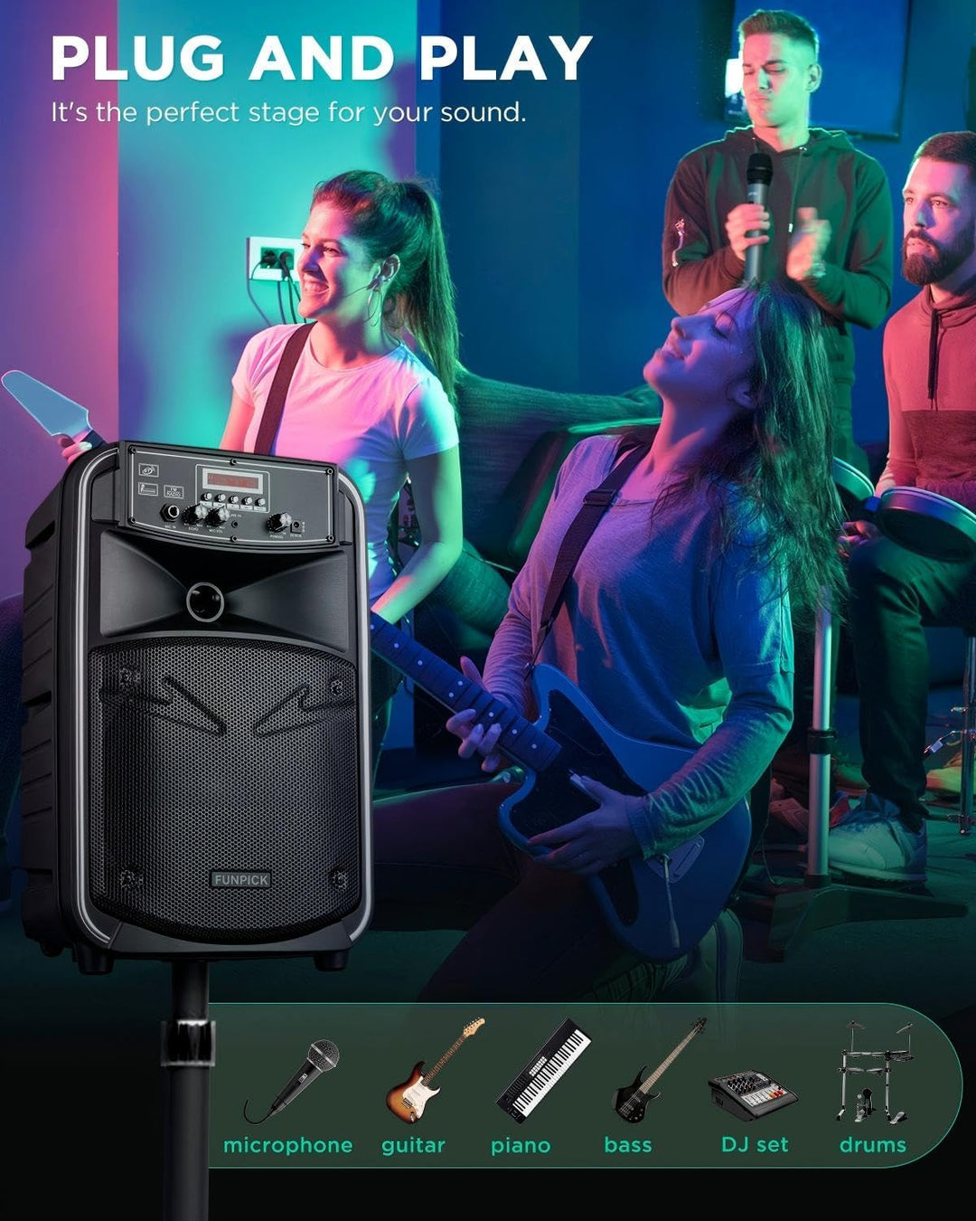 Tragbare Karaoke Maschine, 8 Zoll Mobile PA Anlage mit 2 drahtlosem Mikrofone, Wiederaufladbar Bluet