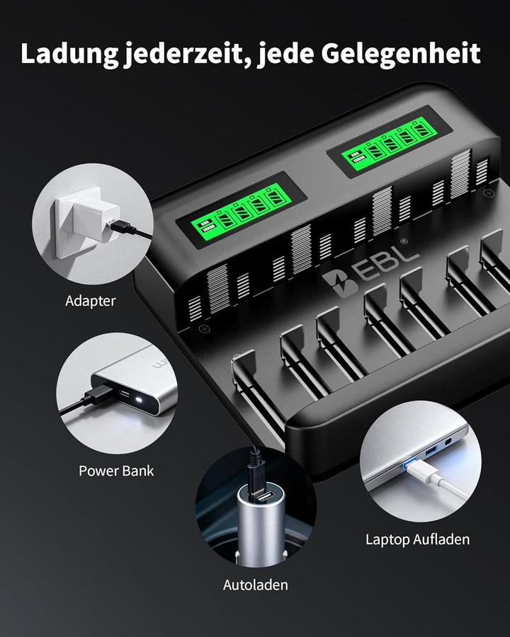 EBL Akku Ladegerät für AA AAA C D NI-MH Akkus Type C Input Schnell Ladegerät, LCD Anzeige Batterienl