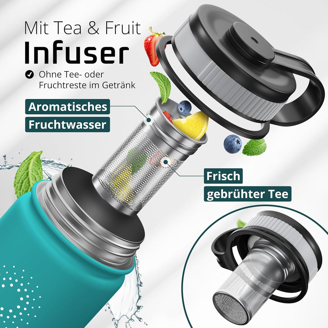 Trinkflasche Edelstahl ACTIVE FLASK + Strohhalm (3 Deckel) BPA-frei, Auslaufsicher, Kohlensäure geei