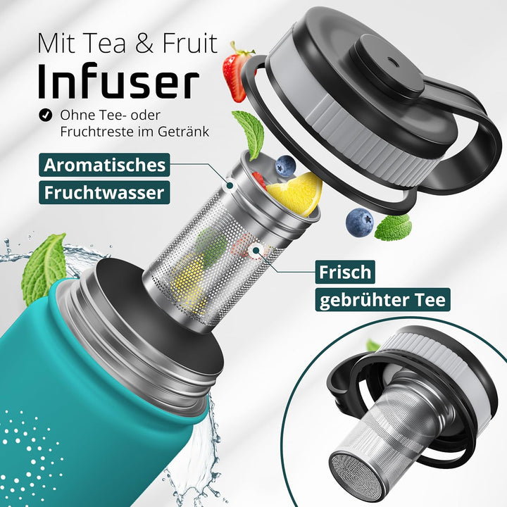 Trinkflasche Edelstahl ACTIVE FLASK + Strohhalm (3 Deckel) BPA-frei, Auslaufsicher, Kohlensäure geei