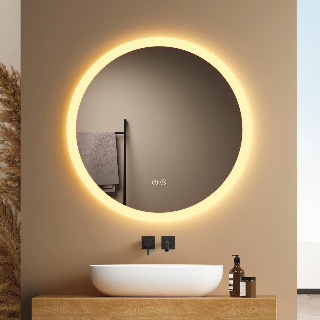 EMKE Badspiegel mit Beleuchtung Rund 70cm, Badezimmerspiegel mit dimmbarer Beleuchtung, 3 Lichtfarbe