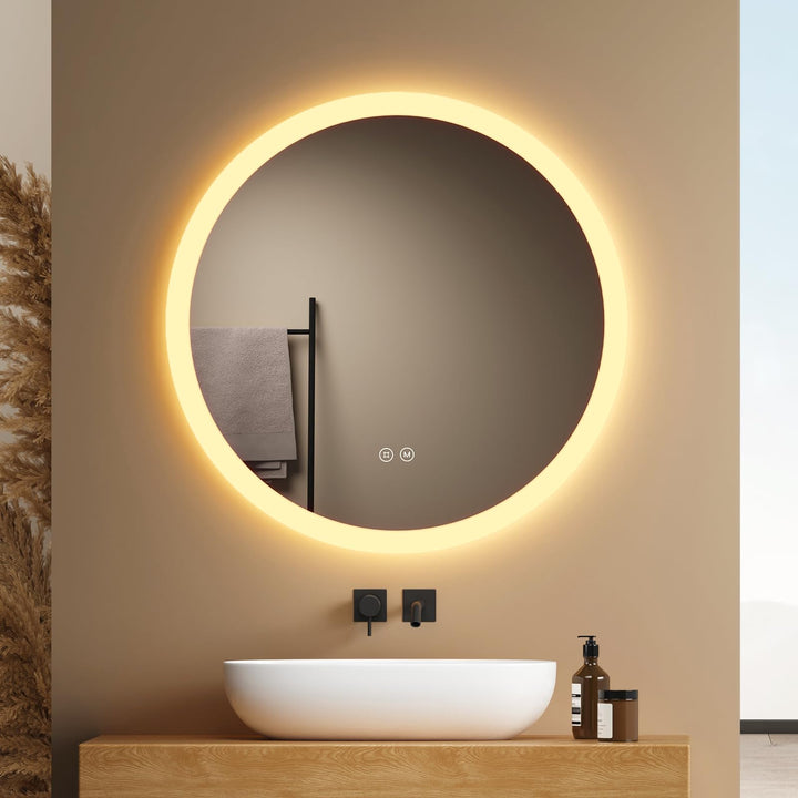 EMKE Badspiegel mit Beleuchtung Rund 70cm, Badezimmerspiegel mit dimmbarer Beleuchtung, 3 Lichtfarbe