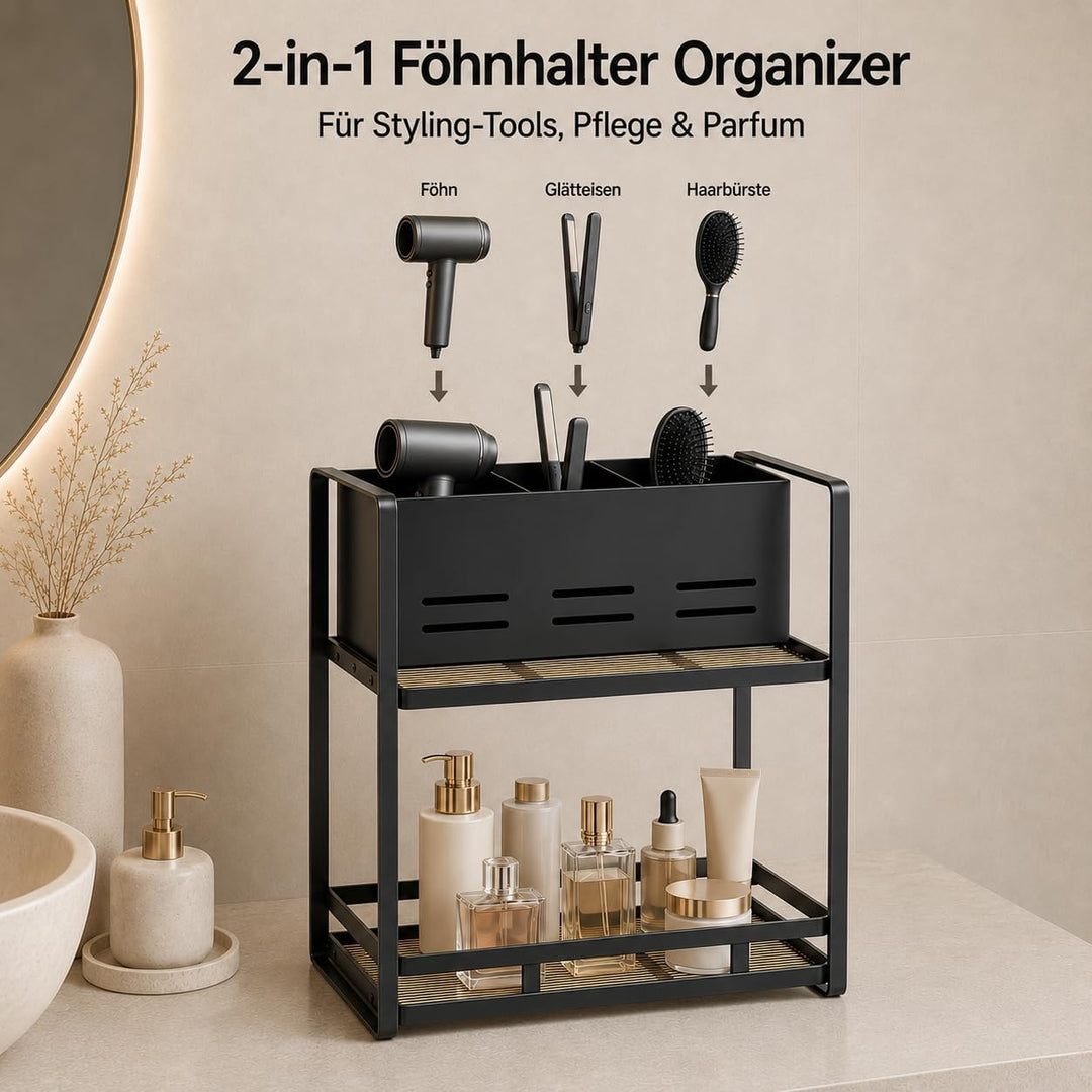 Kosmetik Organizer mit Föhnhalter, 2 Ebenen Badezimmer Organizer aus Metall, Make Up Organizer für S