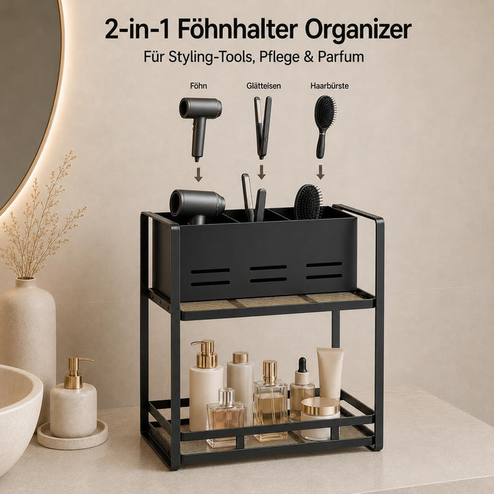 Kosmetik Organizer mit Föhnhalter, 2 Ebenen Badezimmer Organizer aus Metall, Make Up Organizer für S