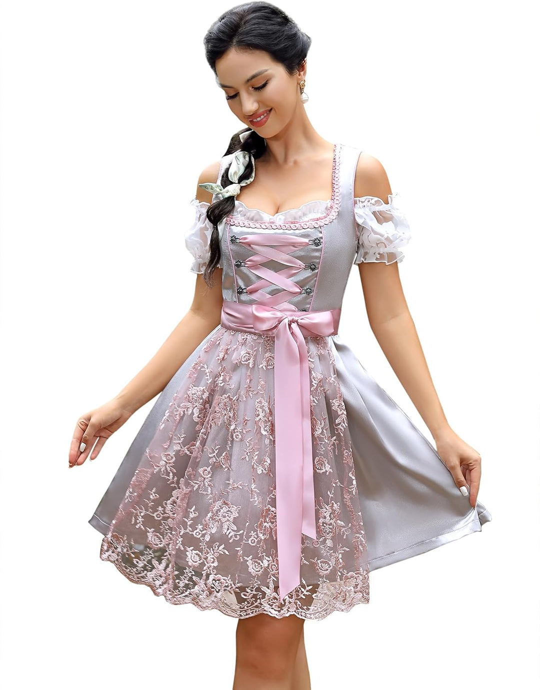 KOJOOIN Damen Dirndl Trachtenkleid Kurz Set 3tlg. für Oktoberfest inkl. Dirndl Kleid,Dirndlschürze,D