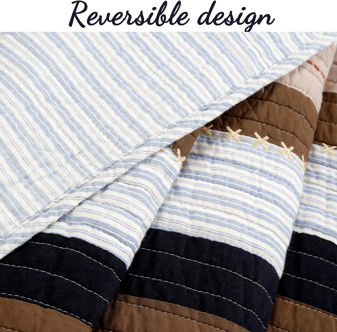 Cozy Line Home Fashions Nathan Bettwäsche-Set, Marineblau/Blau/Weiss/Braun, kariert, gestreift, 100