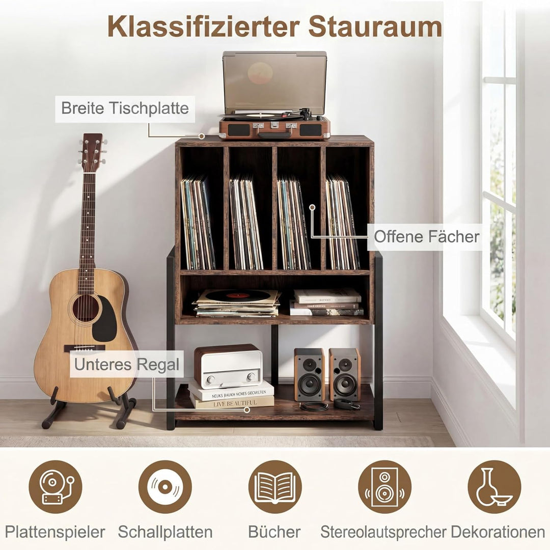 COSTWAY Plattenspielerständer, Vinyl Schallplattentisch mit breite Tischplatte, 4 Trennwänden &amp; unte