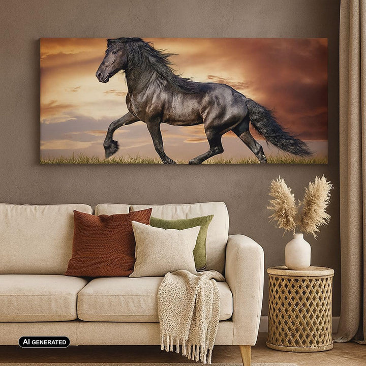 Panorama Bilder auf Leinwand Pferd Tier Wiese Leinwandbild mit Rahmen 90x30cm Wandbilder Dekoration