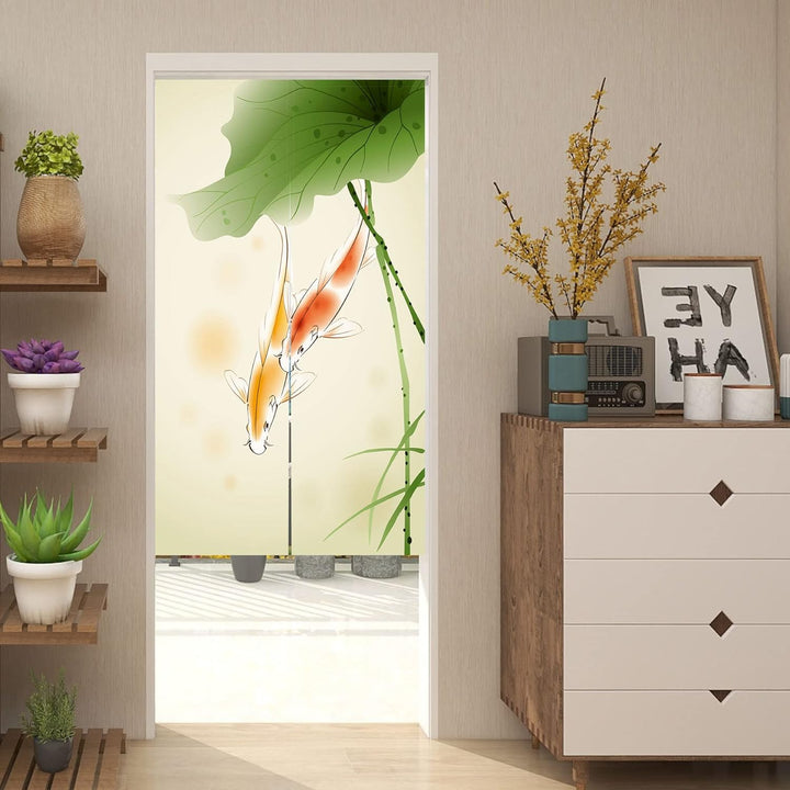 LIGICKY Japanischer Stil dick Leinen Noren Lang Vorhänge Lotus Leaf and Carp Türvorhang Raumteiler T