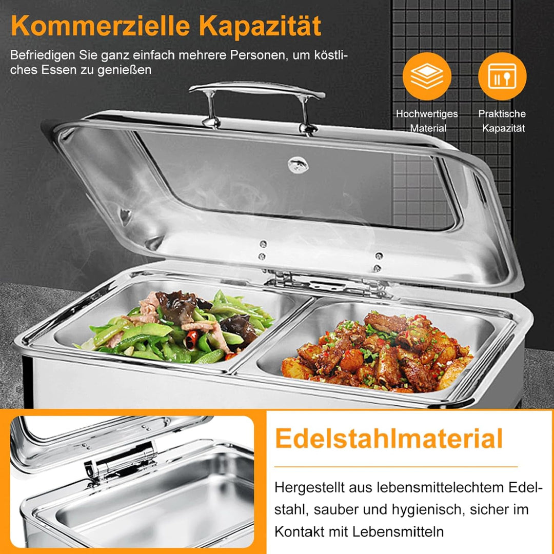 Chafing Dish Elektrisch 9L, Catering Warmhaltebehälter Edelstahl, Rechteckiger Chafing Dish Set Spei