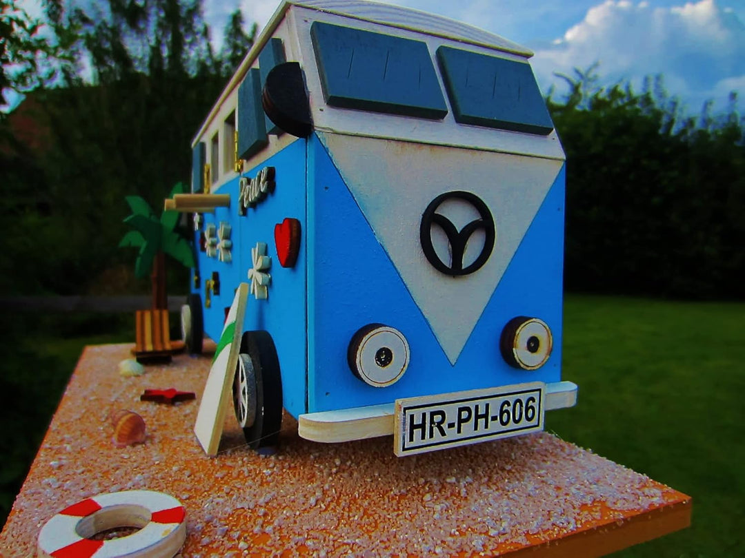 Nistkasten Camper, Hipppi Mobil, Vogelhaus zum Aufhängen, für Singvögel wie Spatzen, Meisen, Handarb