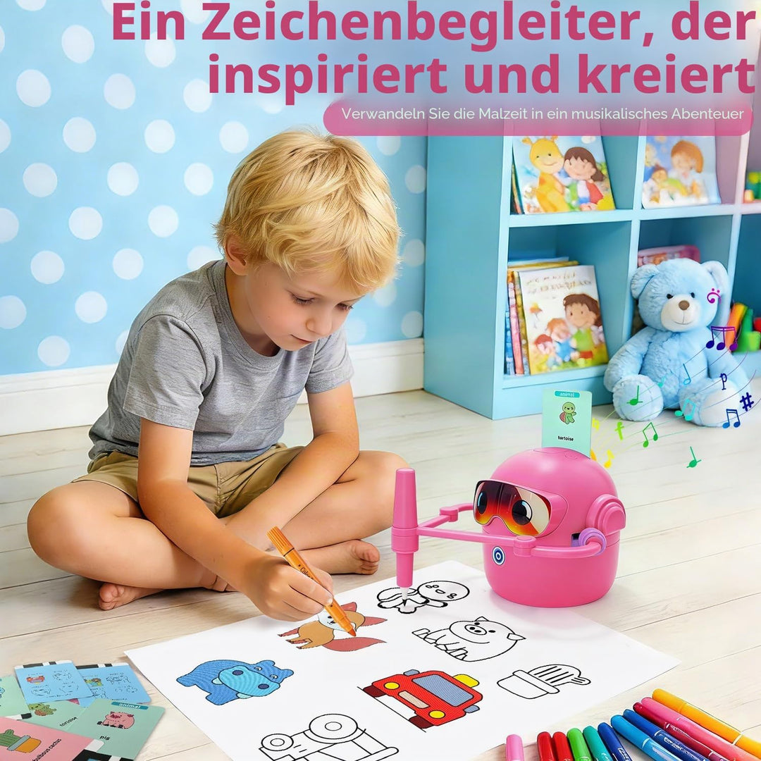 Zeichenroboter für Kinder, Sprachaktiviertes Lernspielzeug mit 100 Wortkarten &amp; 12 Buntstiften, Mont