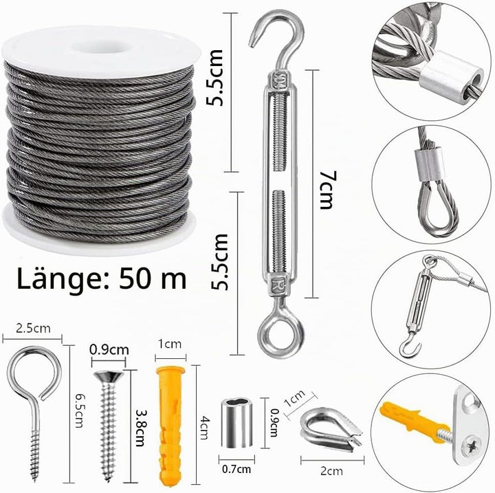 50m Drahtseil Set,304 Edelstahl Seil,Edelstahlseil,Rankhilfe Drahtseil Edelstahl,Spannschloss,Spanne