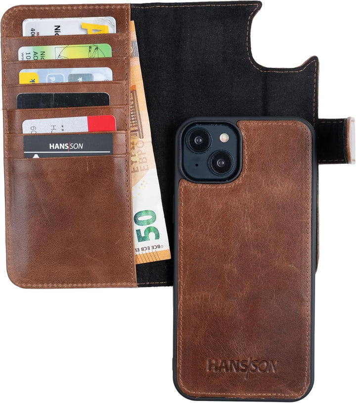 HANS/SON Klappbare Echtlederhülle | iPhone 14 Plus Ledercase mit Kartenfächern | Lederhülle mit Sche