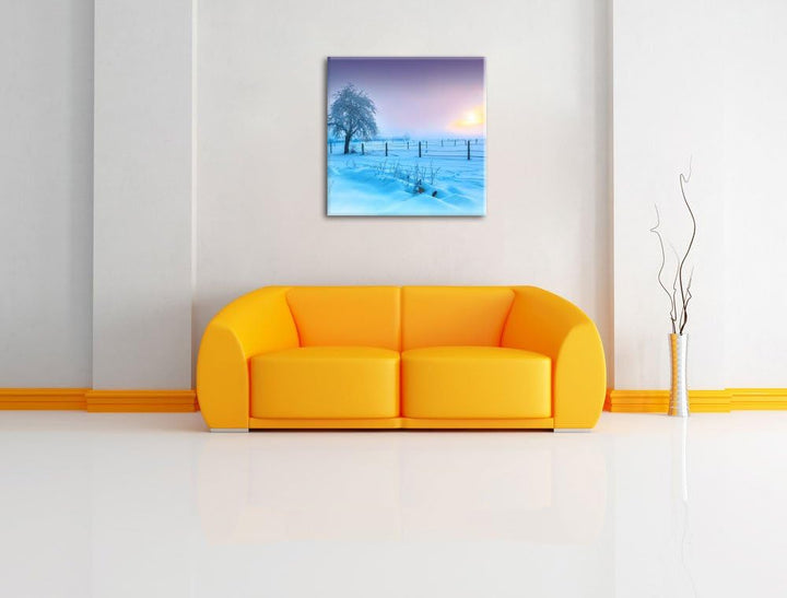 Baum in Winterlandschaft, Format: 70x70 auf Leinwand, XXL riesige Bilder fertig gerahmt mit Keilrahm