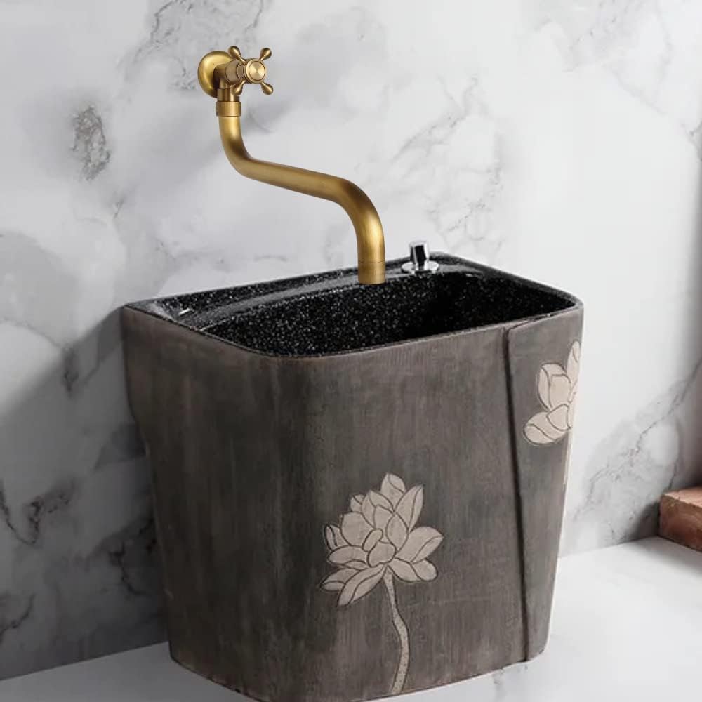 NIUKOMY Vintage Wasserhahn Messing Antike, Garten Kaltwasserhahn Wandmontage Lang, 360° Drehbar Einh