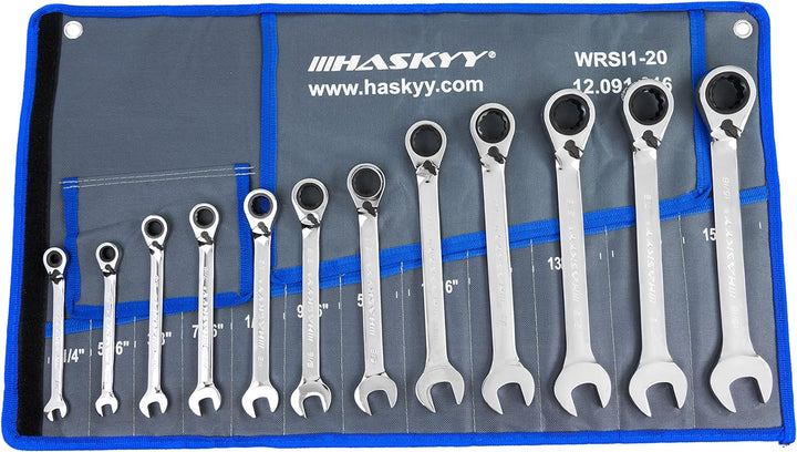 HASKYY 12tlg-Gewinkelte-Zoll-Ratschenschlüssel-Satz-Set I 1/4"-15/16" I Imperial Harley Maul-Gabel-S