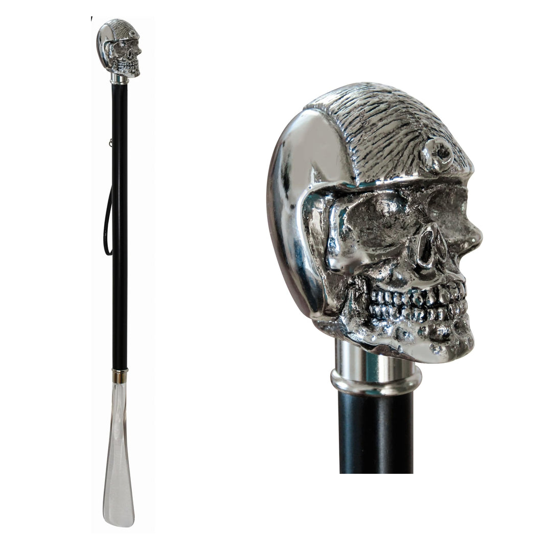 DELFA Design Schuhanzieher Schuhlöffel 70 cm mit silbernem Hellrider als Griff - schwarzer Holzschaf