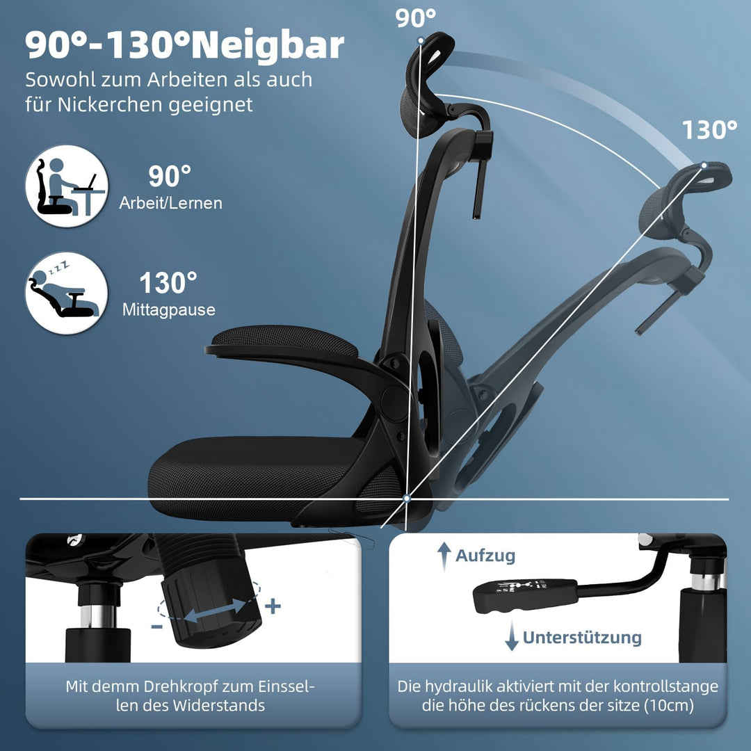 Bürostuhl, Schreibtischsessel mit Kopfstütze und Weiche Lordosenstütze, Bürostuhl ergonomisch Wippfu