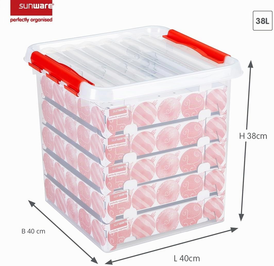 Sunware Q-Line Weihnachtsbox mit Tabletts für 125 Kugeln, transparent/rot, 38 Litre