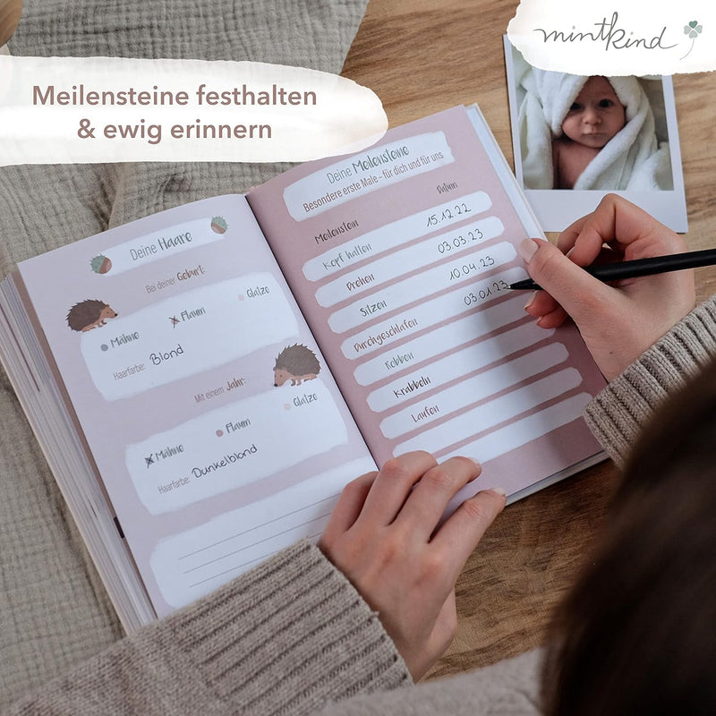 mintkind® Babyalbum "Dein erstes Lebensjahr" A5 Natur + Sticket Set | Baby Fotoalbum zum Selbstgesta