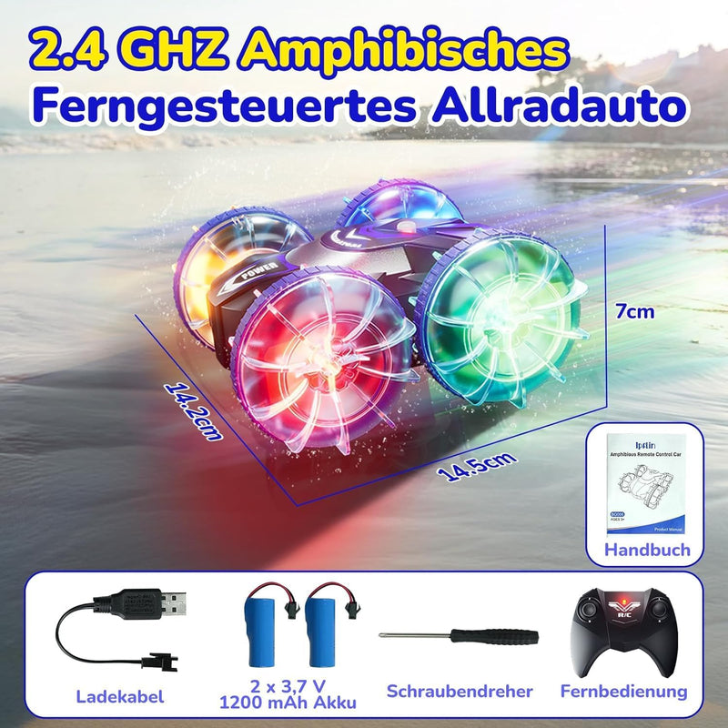 Ipflin Ferngesteuertes Auto mit LED Licht, 4WD 360° Drehbarer Wasserdichter Amphibienfahrzeug Fernge