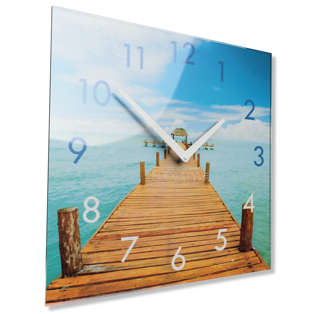 FLEXISTYLE Wanduhr küche Wohnzimmer 30 x 30 cm, aus Glas, mit Direktdruck eckig modern (Urlaubserinn