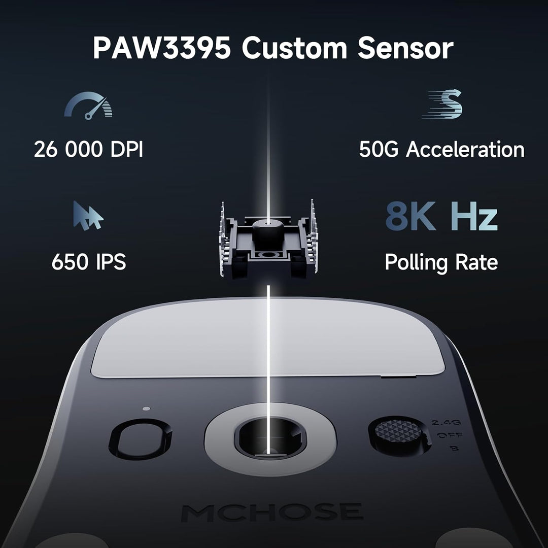 MCHOSE A7 V2 Pro Ultraleicht 59 g Kabellose Gaming-Maus, 26000 DPI Sensor, 8000 Hz Abtastrate, 650 I