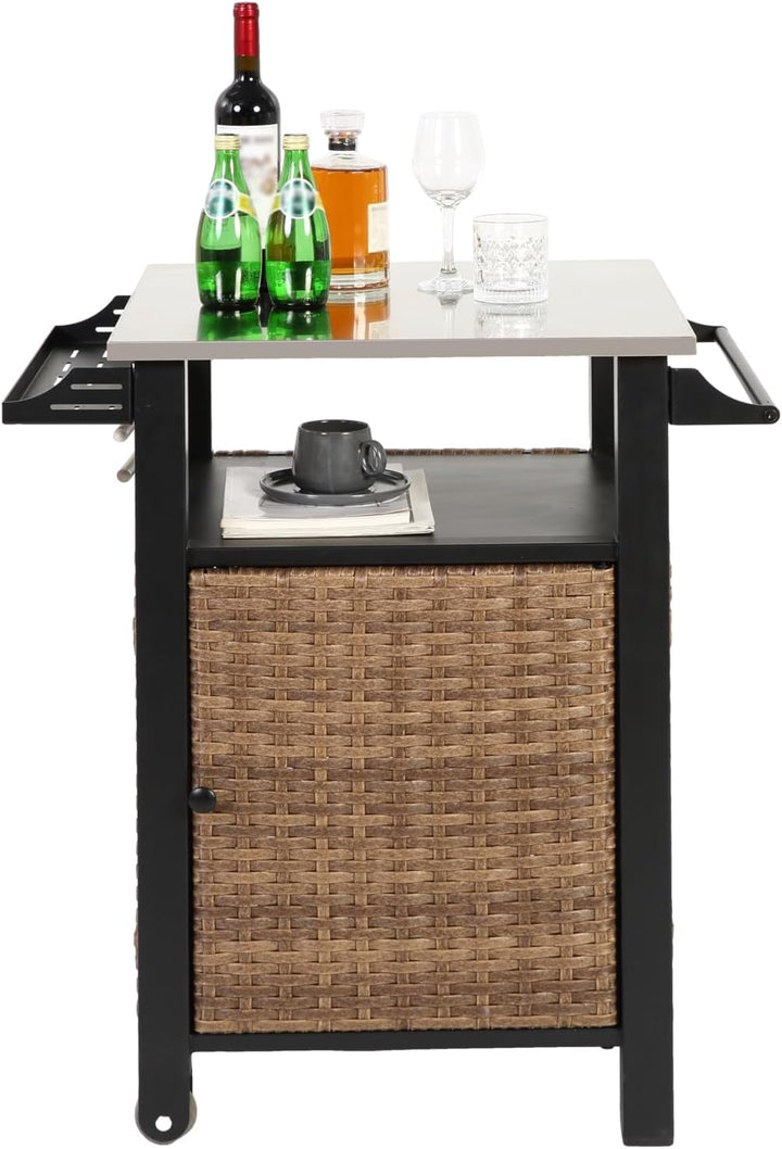 Rollbarer Rattan-Servierwagen mit ausziehbarer Edelstahl-Tischplatte, Kücheninsel für Outdoor mit Sc