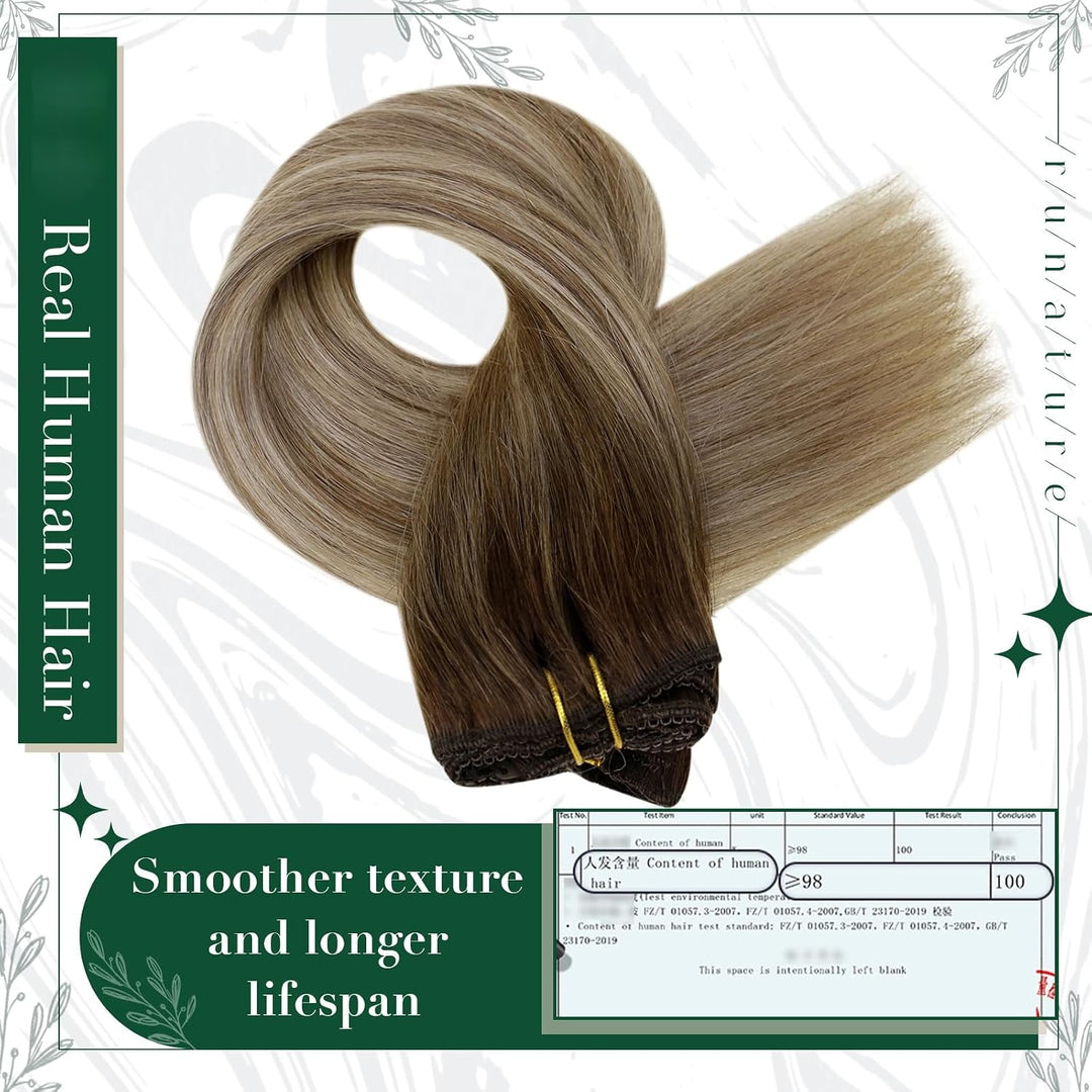 RUNATURE Extensions Echthaar Clip Balayage Braun Blond 25cm Kurz Clip in Haarverlängerung Echthaar 3