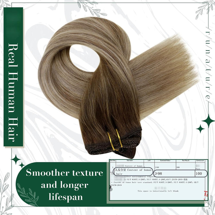 RUNATURE Echthaar Extensions Clip Balayage Braun Blond 25cm 3Pcs Clip in Extensions Echthaar Balayag
