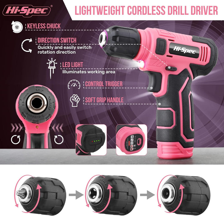Hi-Spec Pinker Akkubohrer und Bit Set für Frauen. 8V Akkuschrauber, Stecknüsse und Schrauberbits in