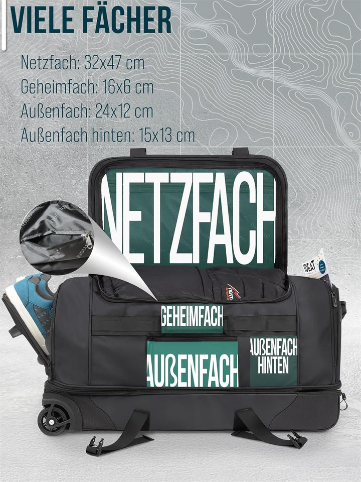 normani XXL Reisetasche 100-120 Liter 2-Rad Trolley gross Weichgepäck Travel Bag mit Rollen und 8 Fä