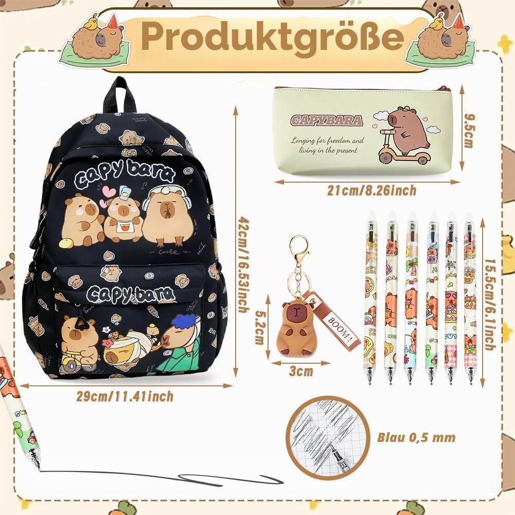 Capybara Rucksack Set - Schulrucksack Grosse Kapazität mit Capybara Federmäppchen, Stiften & Schlüss