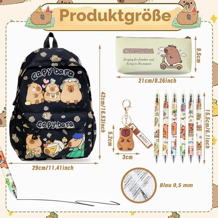 Capybara Rucksack Set - Schulrucksack Grosse Kapazität mit Capybara Federmäppchen, Stiften & Schlüss