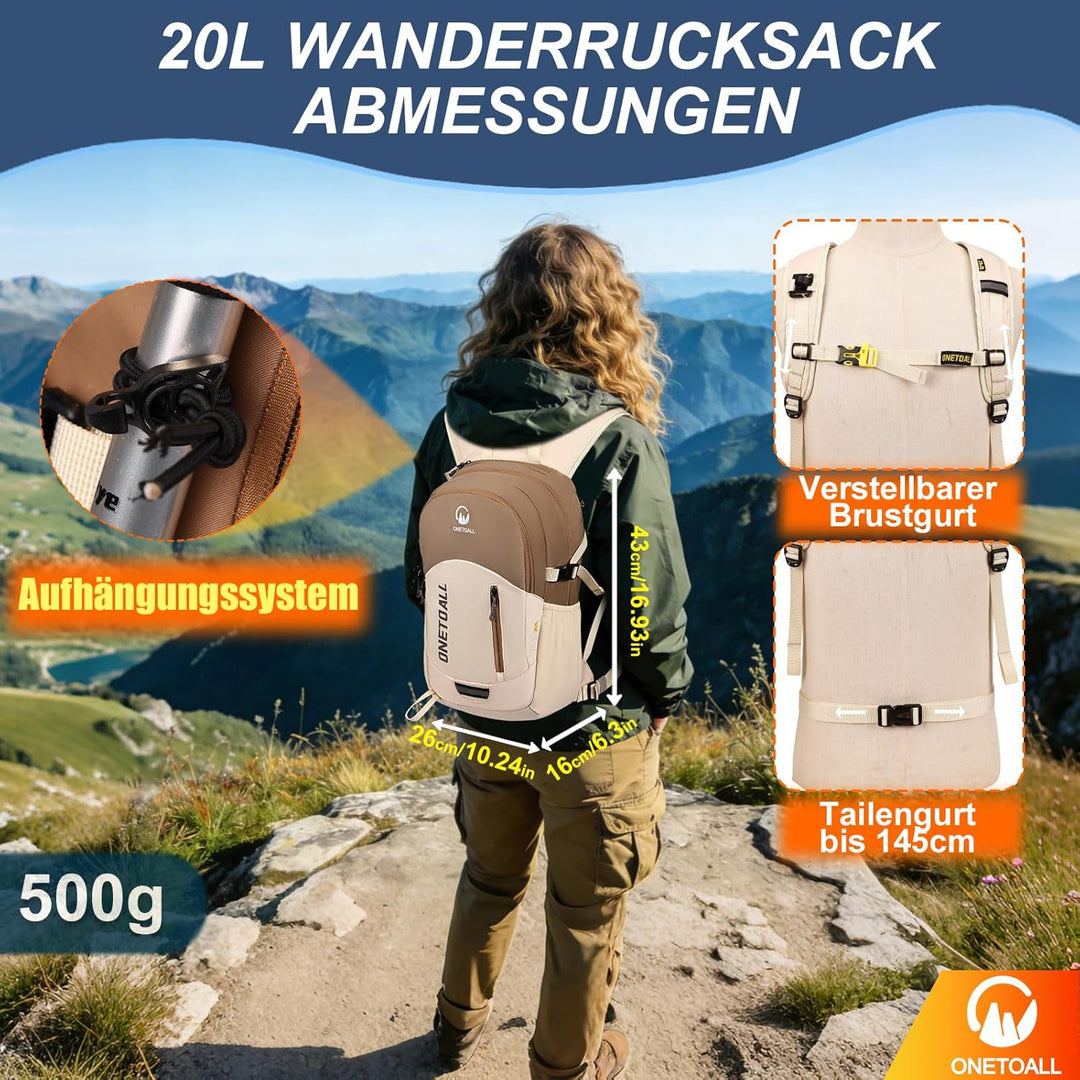 Diebstahlsicherer Wanderrucksack Damen 20L, Leichter Tagesrucksack Herren Klein, Wasserdichter Fahrr