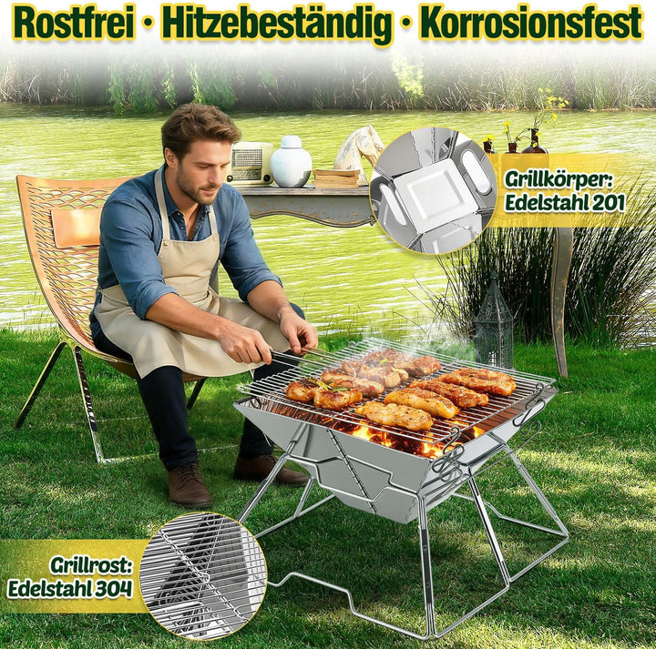 Faltbarer Grill aus 304 Edelstahl, Klappgrill mit Höhenverstellbarem Grillrost, Camping Grill kompak
