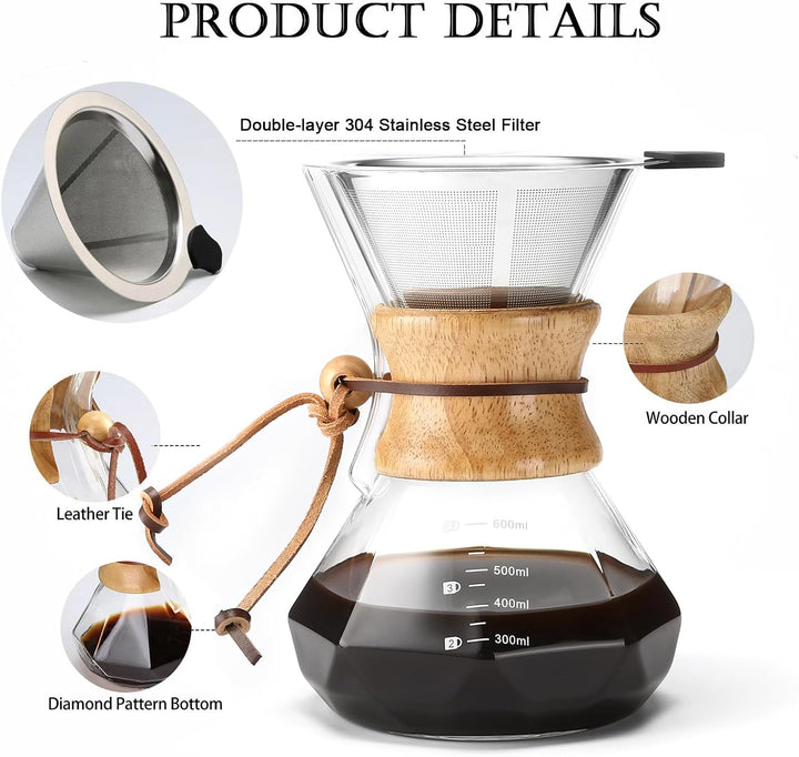 Pour Over Kaffeebereiter mit Edelstahlfilter, 600 ml Borosilikatglas Kaffeekaraffe, Holzkragen, Kaff