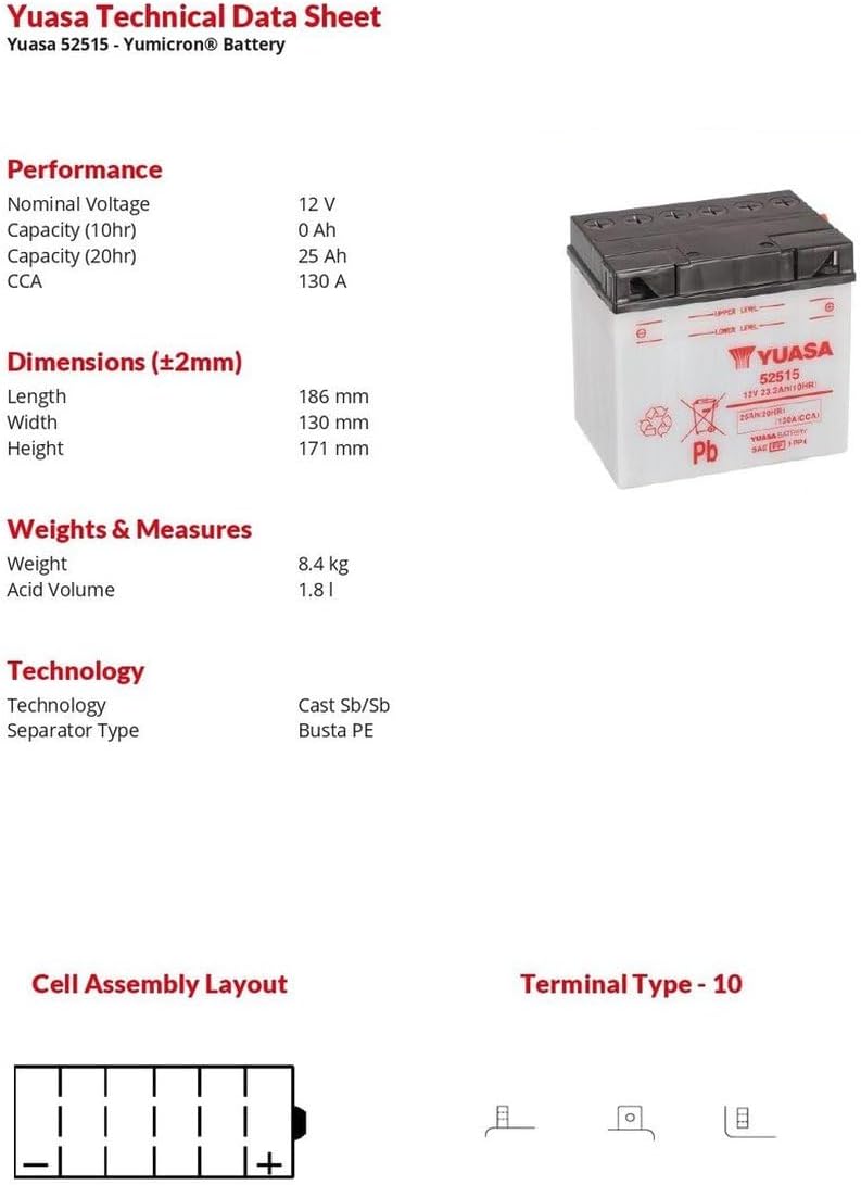YUASA 52515 -Y- Batterie Offen ohne Saeure, 12 Volt, 130 A, 25 Ah (20 Stunden)