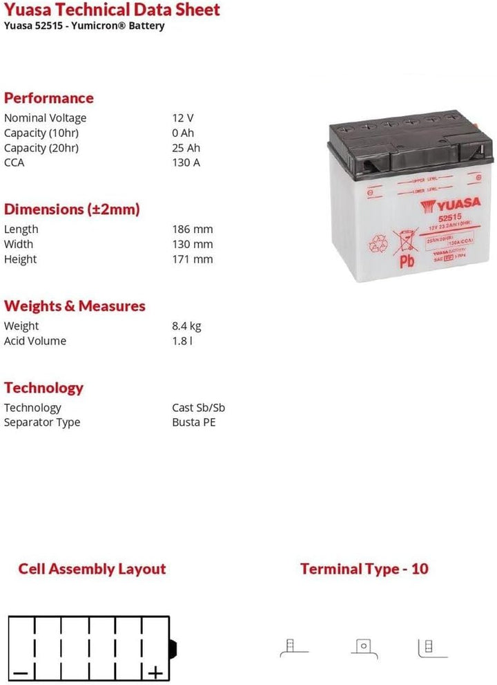 YUASA 52515 -Y- Batterie Offen ohne Saeure, 12 Volt, 130 A, 25 Ah (20 Stunden)