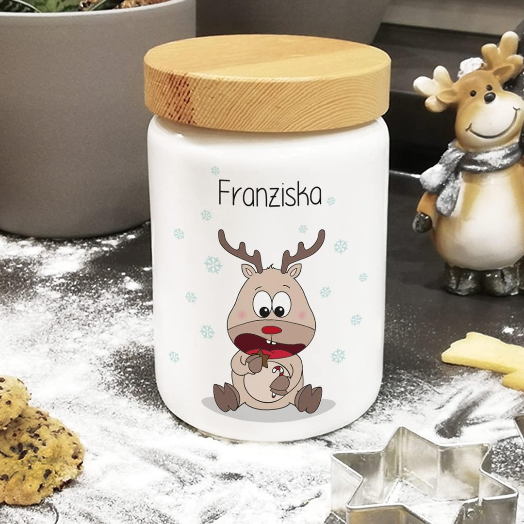 Herz & Heim® Keksdose personalisiert mit Ihrem Wunschnamen zu Weihnachten für Ihre Plätzchen (Rentie