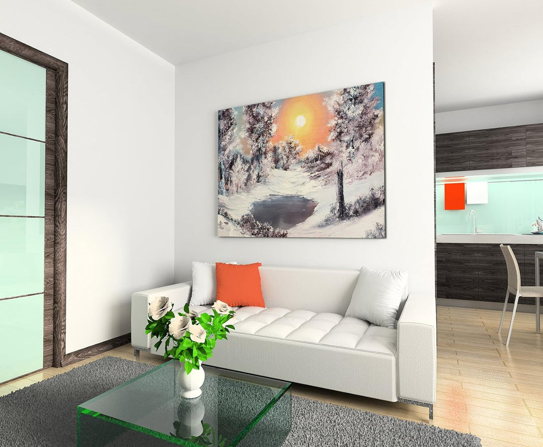 Paul Sinus Art Fotoleinwand 90x60cm Malerische Winterlandschaft am See auf Leinwand Exklusives Wandb