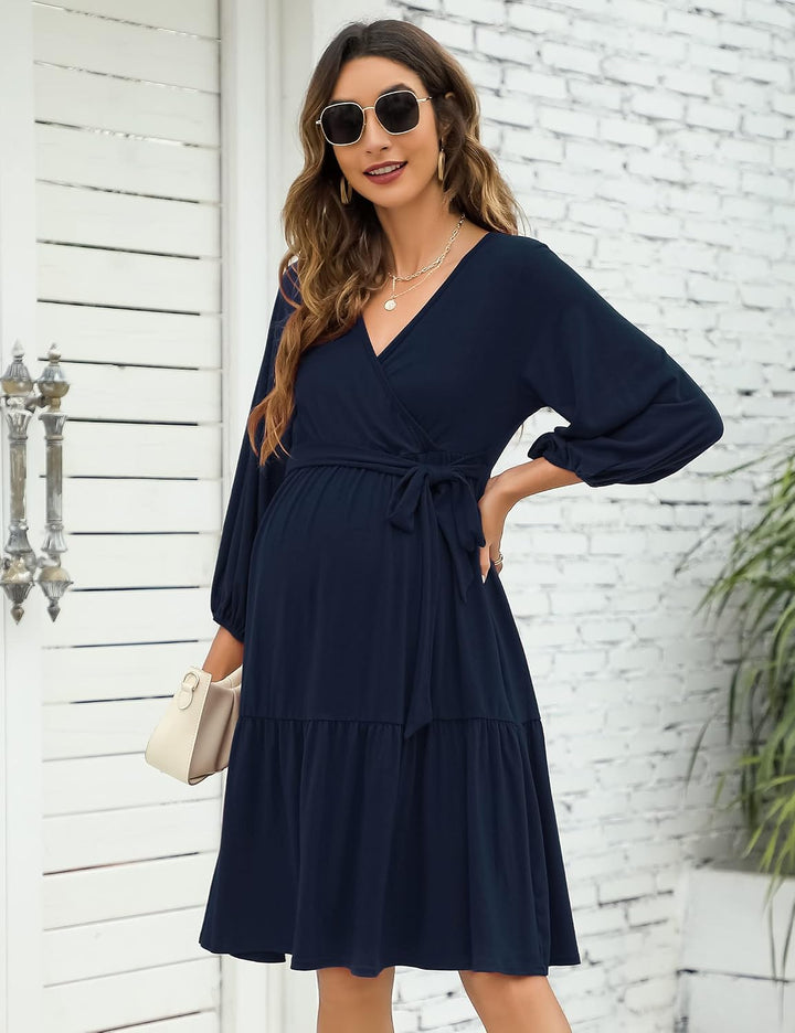 KOJOOIN Damen Umstandskleid V-Ausschnitt 3/4 Ärmel Stillkleid Rüschen Schwangerschafts Kleider mit G