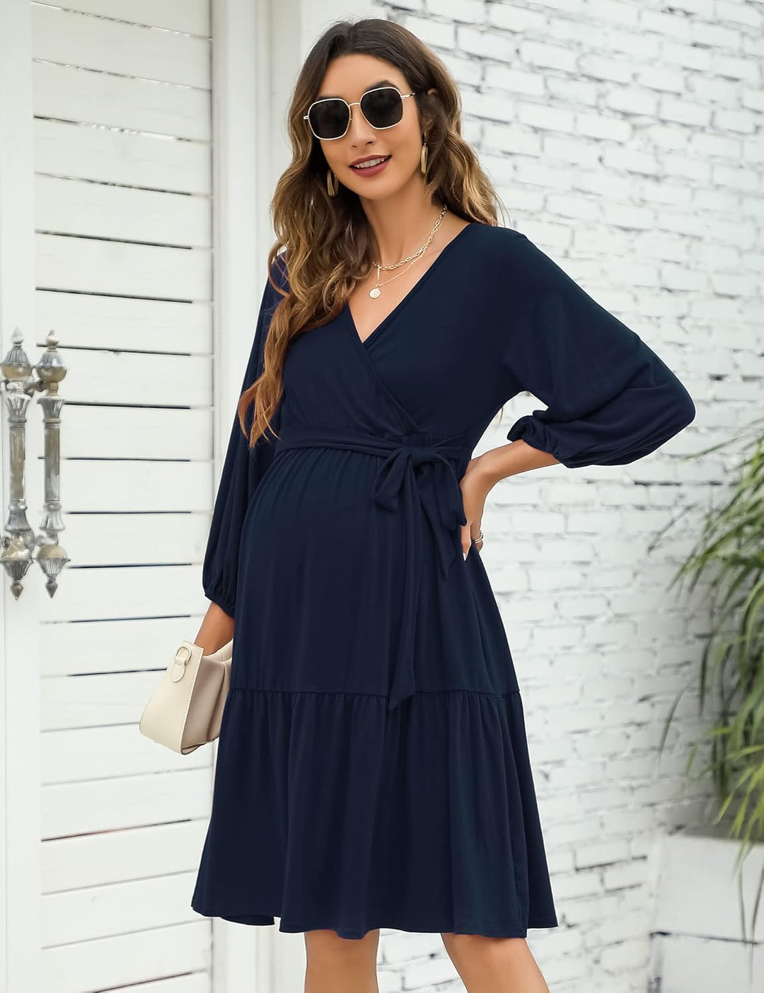 KOJOOIN Damen Umstandskleid V-Ausschnitt 3/4 Ärmel Stillkleid Rüschen Schwangerschafts Kleider mit G