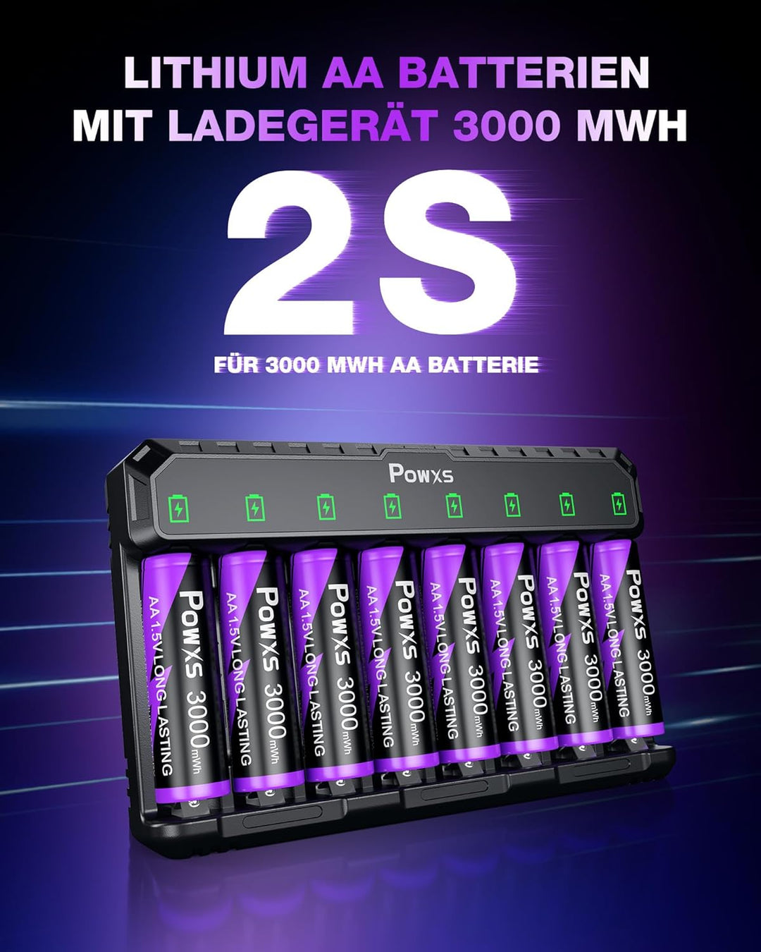 POWXS 1.5V Lithium Akku AA 8-Pack 2000 Zyklen & Stahlgehäuse, 3000mWh,mit USB Schnelladegerät, Kompa